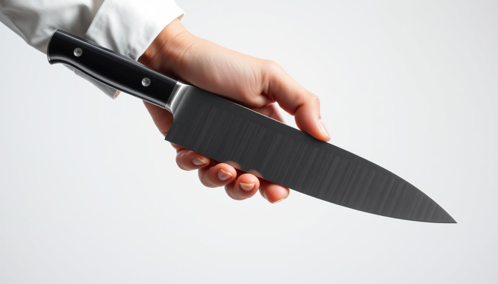 A well-lit, high-quality studio shot of a chef's hand holding a sharp, stainless steel chef's knife against a plain, neutral background. The knife should be the focal point, with a crisp, detailed view showcasing its sleek design, balanced weight, and razor-sharp blade. The lighting should create dramatic shadows and highlights, emphasizing the knife's quality and craftsmanship. The composition should be clean and uncluttered, allowing the viewer to focus on the knife and its key features. The overall mood should convey a sense of precision, professionalism, and the importance of choosing the right chef's knife.