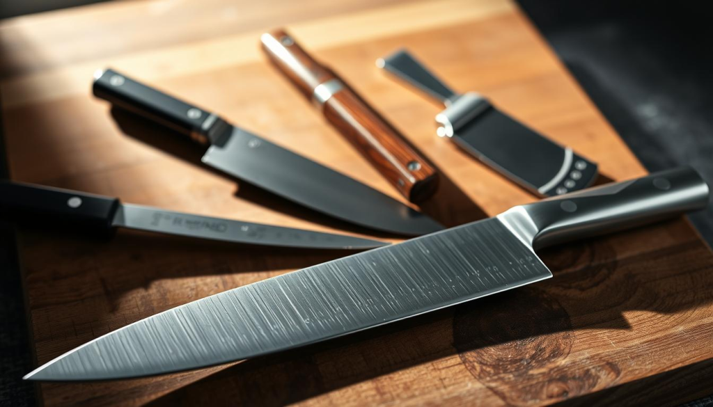 A well-lit, high-resolution still life of essential chef's knives arranged on a wooden cutting board. In the foreground, a classic 8-inch chef's knife, its sharp stainless-steel blade gleaming. In the middle ground, a honing steel and a paring knife, their handles in contrasting materials. In the background, a serrated bread knife and a cleaver, their silhouettes casting dramatic shadows across the scene. The overall mood is one of precision, utility, and the timeless craft of culinary mastery, as if captured in the studio of a renowned chef.