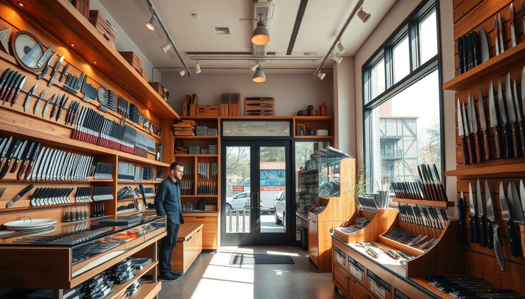 A well-lit, inviting storefront with a clean, modern design showcasing a diverse array of high-quality kitchen knives. The interior has a warm, rustic ambiance with wooden shelves and display cases highlighting the craftsmanship of the blades. Crisp natural light streams through large windows, casting a soft glow on the sharp, gleaming steel. A knowledgeable staff stands ready to assist customers in finding the perfect chef's knife for their culinary needs. The overall atmosphere conveys a sense of professionalism, quality, and a passion for the art of cooking.