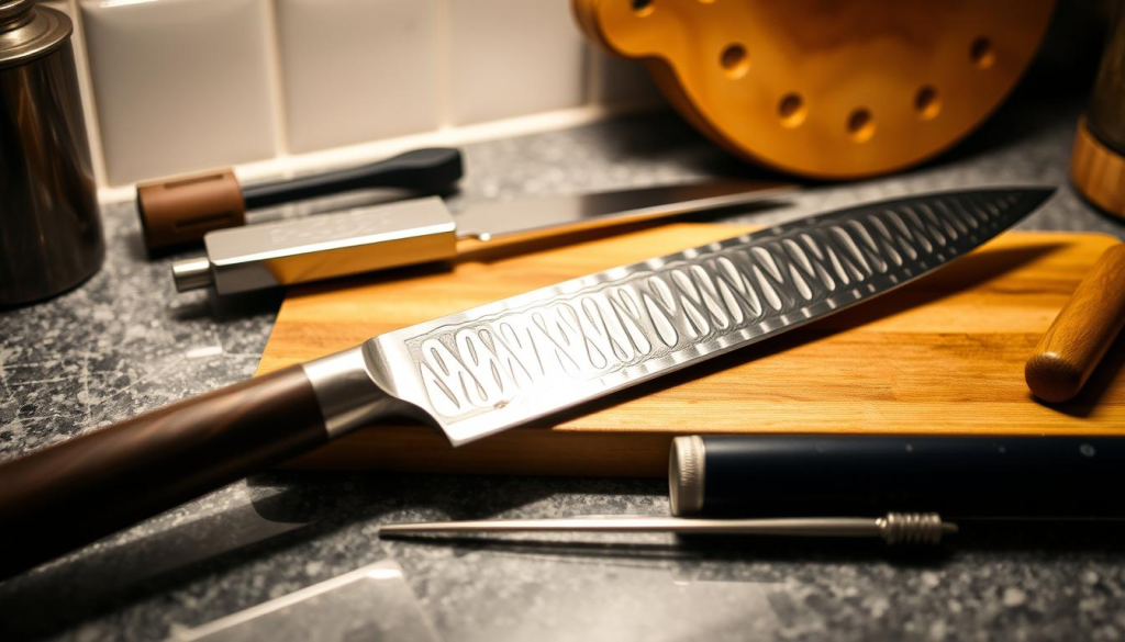 A well-lit kitchen counter with a professional-grade chef's knife, its blade gleaming under the soft illumination. The knife is positioned at a slight angle, revealing the intricate patterns of its high-quality stainless steel construction. Surrounding the knife are various tools and accessories for knife care, such as a sharpening steel, a honing rod, and a wooden cutting board. The overall scene exudes a sense of precision, attention to detail, and a respect for the craft of culinary excellence.