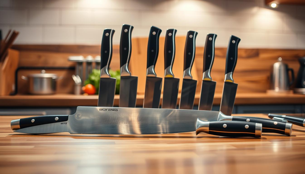 A well-lit kitchen counter with a selection of high-quality kitchen knives displayed prominently. The knives are arranged in an aesthetically pleasing manner, with a variety of sizes and blade shapes visible. The blades are made of gleaming stainless steel, and the handles are crafted from durable materials like wood or polymer. The lighting casts a warm glow on the scene, creating a cozy and inviting atmosphere. The background is slightly blurred, allowing the focus to remain on the knives themselves. The overall impression is one of precision, quality, and the tools of a skilled home chef.