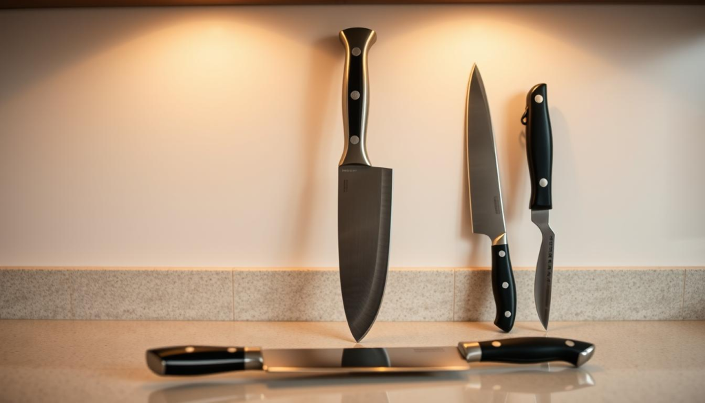 A well-lit kitchen counter with a variety of affordable chef knife brands neatly arranged, including a high-quality stainless steel chef's knife, a sturdy santoku knife, and a versatile paring knife. The knives are presented against a simple, neutral background that showcases their clean lines and shiny blades. Soft, warm lighting casts subtle shadows, highlighting the knives' craftsmanship and durability. The overall atmosphere conveys a sense of practicality and accessibility, suitable for home cooks on a budget.