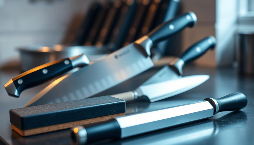 A well-lit kitchen counter with an arrangement of high-quality kitchen knives neatly displayed, including a chef's knife, paring knife, and serrated bread knife. The knives have a sleek, modern design with stainless steel blades and ergonomic handles. In the foreground, a whetstone and honing steel are positioned, suggesting the ongoing maintenance and sharpening process. The lighting is soft and warm, creating a tranquil, professional atmosphere. The background is slightly blurred, focusing the attention on the knives and their meticulous care.