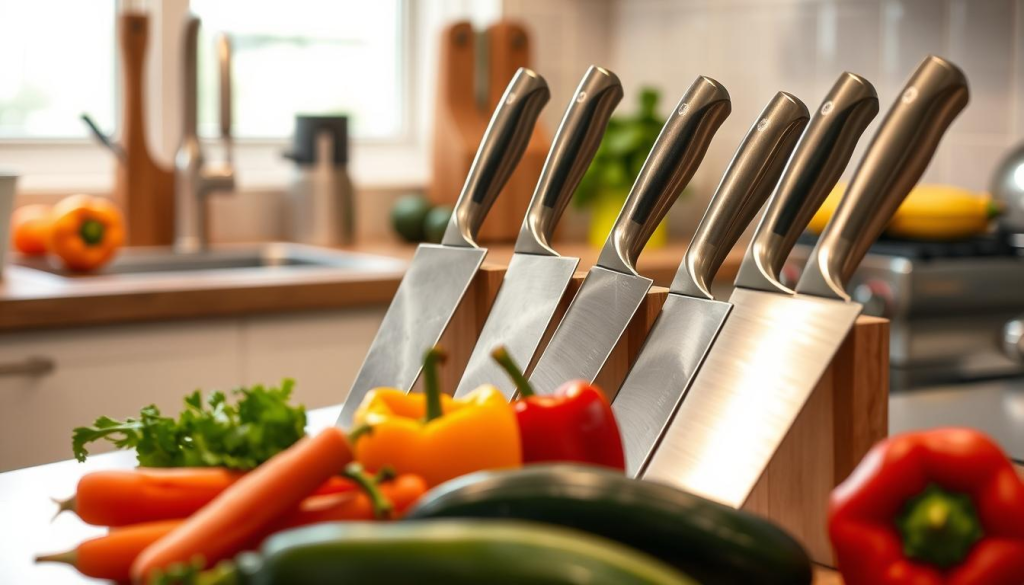 A well-lit kitchen countertop, the surface adorned with a neatly arranged set of gleaming German chef knives. The blades, crafted from high-carbon stainless steel, glint under the warm illumination, their razor-sharp edges hinting at their precision for chopping, dicing, and slicing a variety of fresh vegetables. In the foreground, a selection of vibrant produce - carrots, bell peppers, and zucchini - awaits their expert touch. The scene exudes a sense of culinary mastery, inviting the viewer to imagine the flawless knife work and the effortless preparation of a delectable meal.