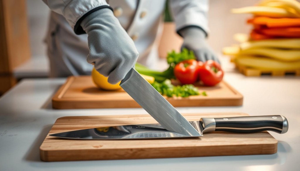 A well-lit kitchen countertop, the surface meticulously clean. In the foreground, a sharp chef's knife sits on a wooden cutting board, its blade gleaming under the soft, diffused lighting. In the middle ground, a hand wearing a protective cut-resistant glove gently grips the knife's handle, demonstrating proper and safe handling techniques. In the background, a stack of fresh produce, ready to be expertly sliced and diced. The scene exudes a sense of order, precision, and attention to safety, capturing the essence of responsible chef knife usage.