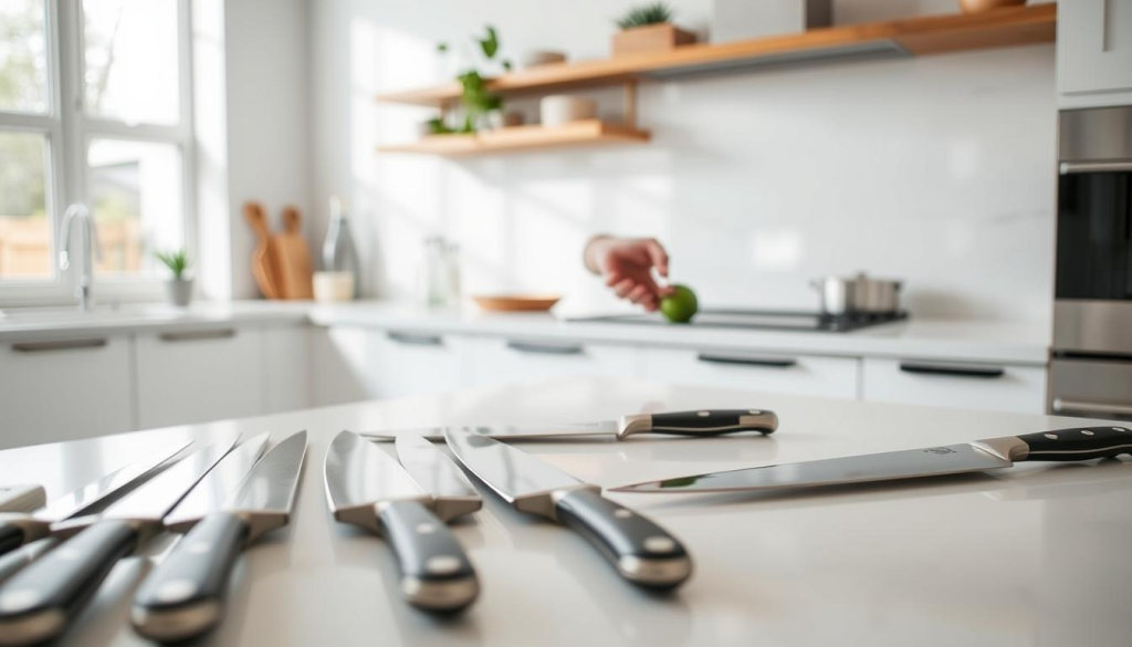 A well-lit kitchen countertop, with a variety of chef's knives neatly arranged in the foreground. In the middle ground, a person's hands carefully inspecting the weight, balance, and grip of each knife, evaluating their suitability for different cooking tasks. The background features a clean, modern kitchen setting, with minimalist decor and natural light flooding the space, creating a sense of calm and focus. The overall mood is one of thoughtful consideration, highlighting the importance of selecting the right chef's knife to enhance the home cook's culinary experience.