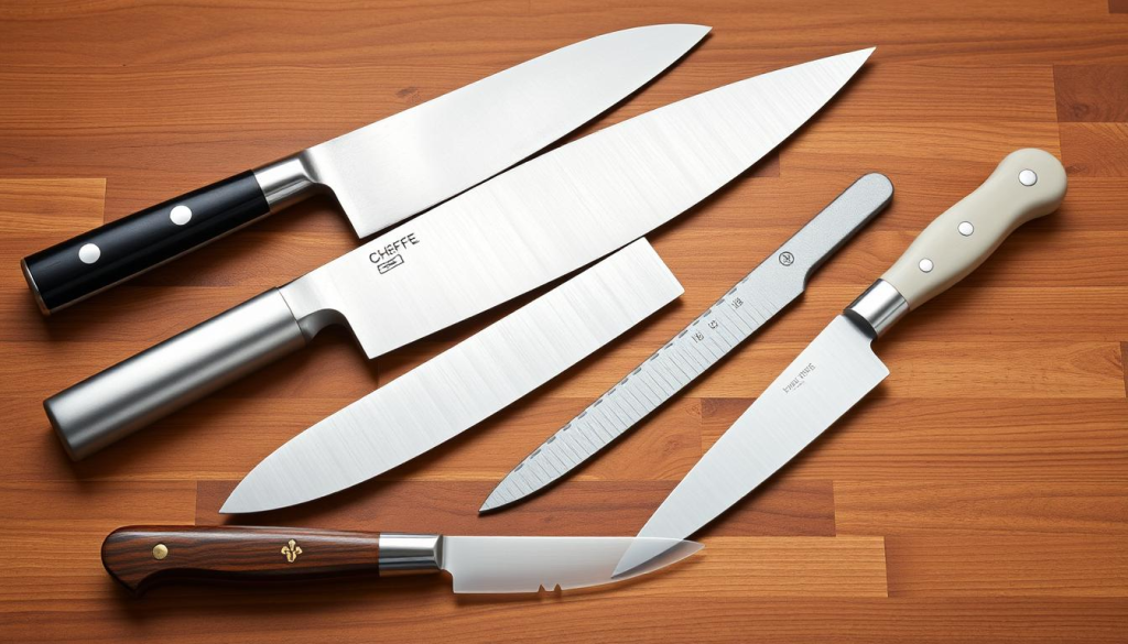 A well-lit studio shot of an assortment of high-quality chef's knives, including a chef's knife, a paring knife, and a serrated bread knife, all arranged neatly on a wooden surface. The knives should be of different sizes, shapes, and materials, such as stainless steel, carbon steel, and ceramic, to showcase the variety of popular chef knife types. The lighting should be soft and even, highlighting the sleek, sharp edges and the fine craftsmanship of the knives. The background should be a neutral, seamless backdrop that allows the knives to be the focal point of the image.