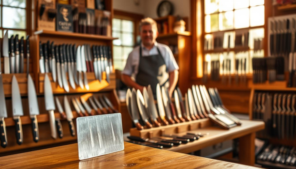 A well-stocked local chef's knife shop, with a display of high-quality blades arranged neatly on wooden shelves. Warm, natural lighting filters in through large windows, casting a cozy glow over the scene. In the foreground, a sharp santoku knife stands out, its polished blade gleaming. The middle ground features a variety of chef's knives, each with its own unique handle and design. In the background, a knowledgeable shopkeeper stands ready to assist customers, their expertise evident in their attentive posture. The atmosphere exudes a sense of craftsmanship, quality, and community, inviting the viewer to explore and discover the benefits of shopping locally for chef's knives.