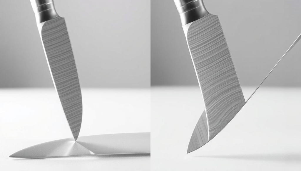 Detailed product comparison of two premium knife materials - carbon steel and stainless steel, showcased against a clean, minimalist background. Crisp, well-lit close-up shots from multiple angles, highlighting the distinct visual characteristics of each metal type. Smooth, polished surfaces of the blades catch the light, allowing the viewer to clearly discern the subtle differences in color, texture and reflectivity. The scene conveys a sense of precision, quality craftsmanship and the functional elegance of these exceptional kitchen tools.