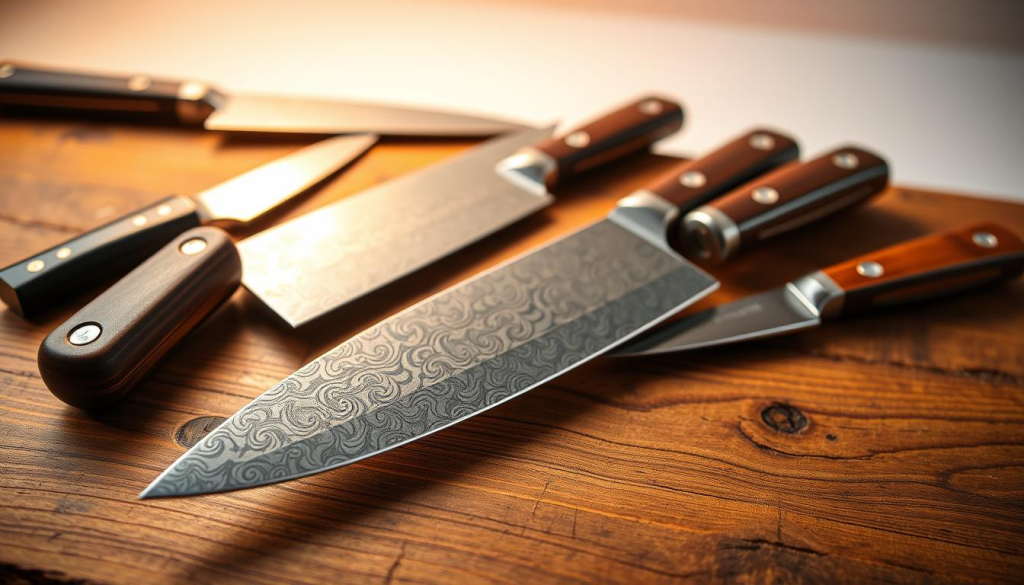 Handcrafted chef knives arranged on a rustic wooden surface, illuminated by warm, natural lighting. In the foreground, the knives feature intricate Damascus steel patterns and meticulously crafted handles, exuding quality craftsmanship. The middle ground showcases the knives' sharp, precisely honed blades, emphasizing their functionality. In the background, a clean, minimalist environment highlights the knives as the focal point, conveying a sense of pride and attention to detail in American-made products. The overall mood is one of artisanal excellence, celebrating the skilled hands that forge these premium culinary tools.