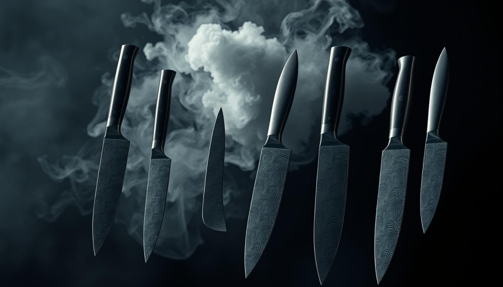 High-contrast, cinematic image of various Damascus steel chef knives floating against a dramatic, moody background. The knives are showcased in the foreground, with their intricate pattern and damascus folded steel construction highlighted by dramatic lighting and shadows. In the middle ground, a cloud of mysterious mist or smoke adds to the atmospheric, mystical feel. The background is dark and shadowy, evoking a sense of mystery and the myths and misconceptions surrounding Damascus steel. The overall scene has a striking, almost supernatural quality, drawing the viewer's attention to the craftsmanship and mystique of these elite chef's knives.