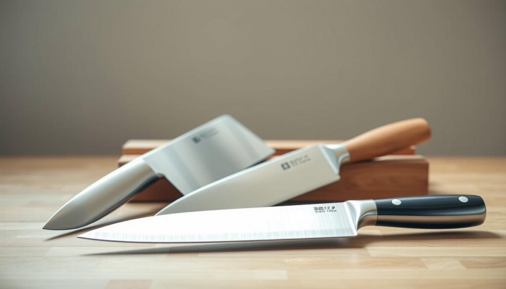 High-quality chef knives set in a modern, minimalist style. A well-lit, close-up view of a set of sharp, stainless steel knives arranged neatly on a sleek, wooden surface. The knives include a chef's knife, a paring knife, a serrated bread knife, and a honing steel, all showcasing their premium construction and mirror-polished blades. The lighting is soft and diffused, creating a warm, inviting atmosphere that highlights the knives' precision and craftsmanship. The camera angle emphasizes the knives' functionality and the care that goes into selecting the right tools for the home cook's kitchen.
