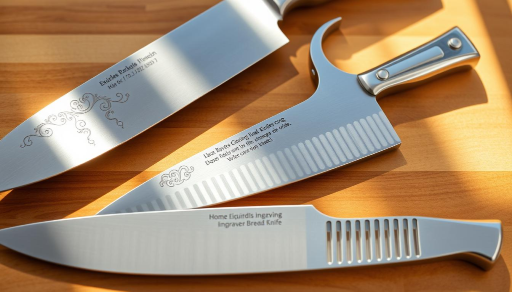 High-quality engraved chef knife set arranged on a clean, wooden surface. The knives have intricate patterns and designs etched into their stainless steel blades, creating a visually striking and unique appearance. The set includes a chef's knife, paring knife, and serrated bread knife, all expertly crafted with sharp, precision edges. Bright, natural lighting casts warm, gentle shadows, highlighting the craftsmanship and attention to detail. The overall scene conveys a sense of premium quality, elegance, and the perfect tools for the discerning home chef or professional cook.