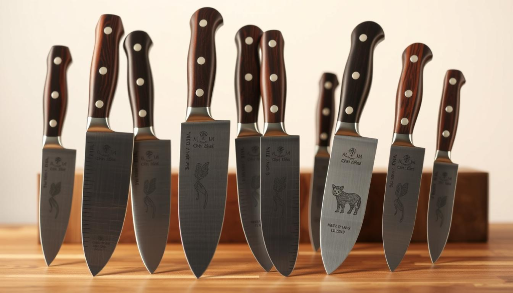High-quality, photorealistic image of several engraved chef knives of different shapes and sizes arranged in the foreground, with a soft, warm lighting illuminating the blades and handles. The knives should be depicted against a clean, minimalist background, perhaps a wooden surface or a subtle gradient, allowing the intricate engraved designs and textures to be the focal point. Capture the craftsmanship and attention to detail of these customized culinary tools, showcasing the artistry and personality that can be infused into everyday kitchen essentials.