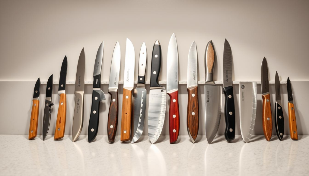 High-quality professional chef knives on a clean, well-lit kitchen countertop. The knives are arranged neatly, displaying their distinct shapes, blades, and handles. The blades are made of stainless steel, with a variety of serrated and straight-edge designs. The handles are crafted from durable materials like wood, plastic, or metal, showcasing the branding and logos of renowned knife manufacturers. The lighting is soft and even, highlighting the premium finishes and attention to detail in the knife construction. The background is a plain, neutral color that allows the knives to be the primary focus of the image.