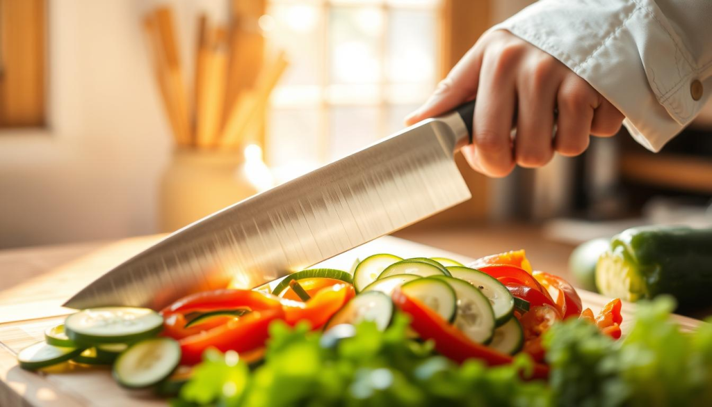Kiritsuke knife in use for slicing vegetables