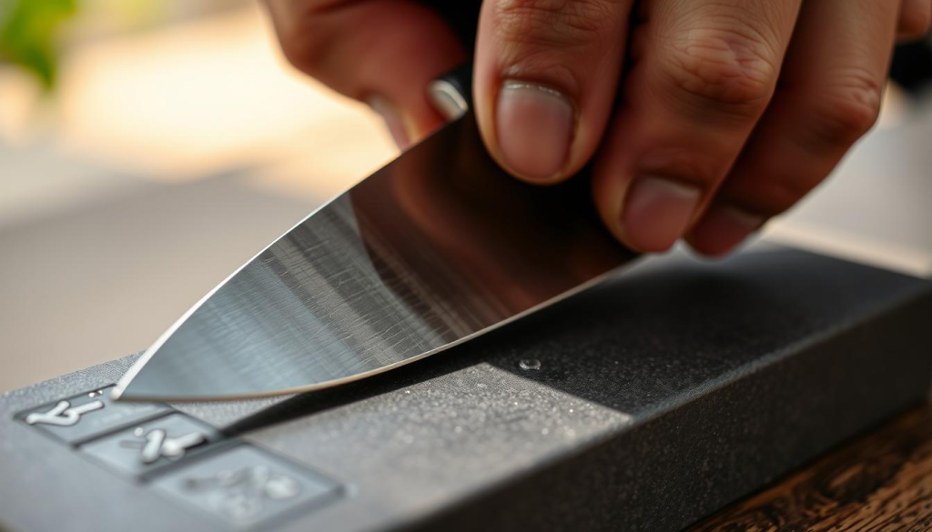 Prompt A close-up view of a carbon steel chef's knife being sharpened on a whetstone. The knife is held at a precise angle, with the user's hand gripping the blade firmly. The whetstone's surface is slightly wet, creating a reflective sheen. The lighting is natural, casting warm highlights along the knife's edge. The composition emphasizes the details of the sharpening process, showcasing the skill and care required to maintain a high-quality carbon steel knife. The overall atmosphere conveys a sense of focus and dedication to the craft of culinary preparation.