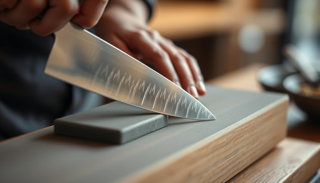 Sharpening Japanese knife on whetstone