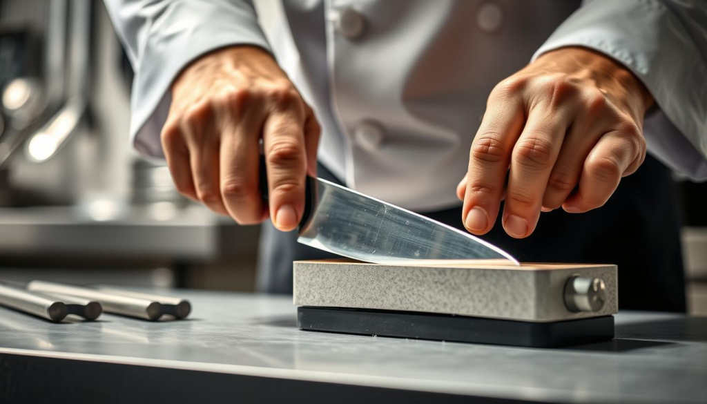 a close-up view of a chef's hands meticulously sharpening a professional-grade chef's knife on a sharpening stone, with the knife's blade reflecting the light, in a clean, well-lit kitchen setting with blurred background featuring stainless steel appliances and utensils, conveying the importance of proper knife maintenance for the discerning chef