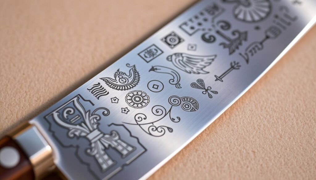 a close-up view of a custom engraved chef's knife, displaying intricate designs and patterns etched into the blade surface. The engraving technique is highlighted, showcasing a combination of hand-drawn motifs and precision machining. The blade reflects soft, warm lighting, casting subtle shadows that accentuate the depth and texture of the engravings. The knife is positioned on a neutral, minimalist background, allowing the craftsmanship to be the focal point. The overall mood is one of artistry, craftsmanship, and the appreciation for the unique, personalized touch that engraving can bring to a utilitarian kitchen tool.