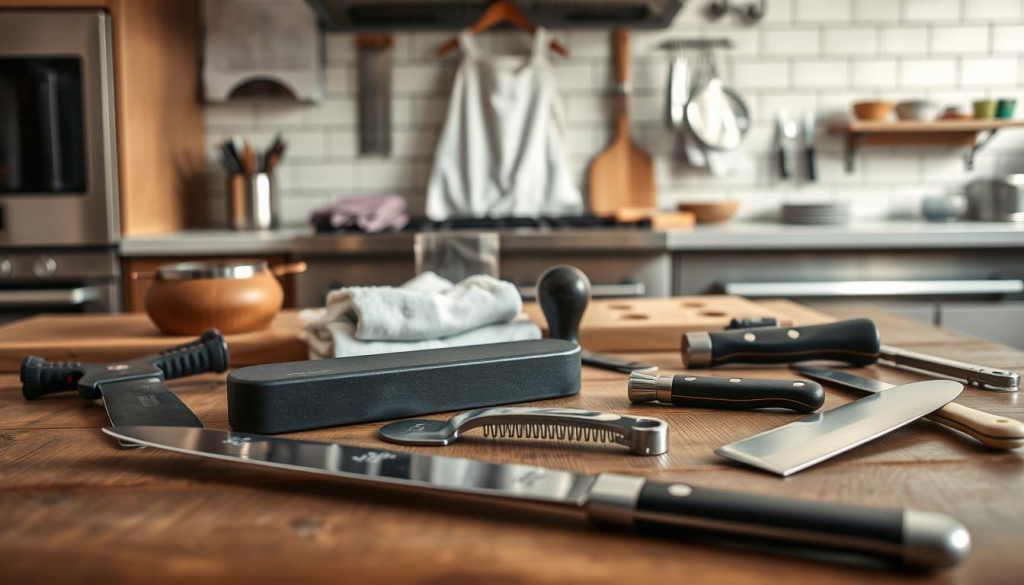 a high-quality, detailed image of an assortment of chef knife accessories laid out on a wooden surface. In the foreground, a whetstone, honing steel, and various sharpening tools are neatly arranged. In the middle ground, a chef's apron, kitchen towel, and other essential accessories are displayed. In the background, a clean, well-lit kitchen setting with stainless steel appliances and a tiled backsplash creates a professional, culinary atmosphere. The lighting is soft and natural, highlighting the textures and colors of the accessories. The composition is balanced and visually appealing, showcasing the essential tools and accoutrements for maintaining and caring for a chef's most important tool - the knife.