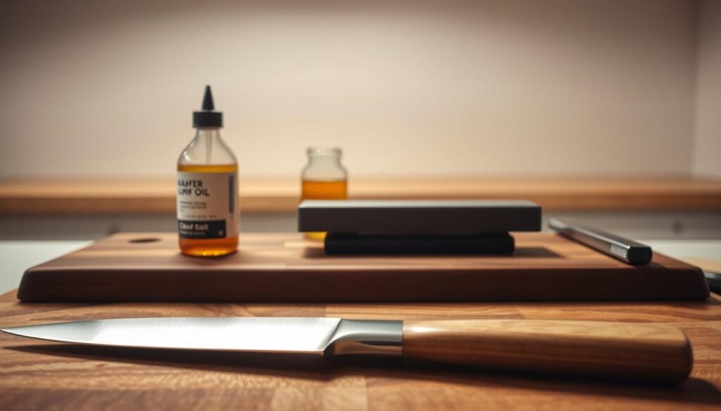 a highly detailed and realistic image of a chef's knife being carefully cleaned and maintained on a wooden cutting board, with a soft, natural lighting illuminating the scene. The knife is shown in the foreground, its sharp blade gleaming under the warm light. In the middle ground, a bottle of knife oil and a sharpening stone are neatly arranged, indicating the tools used for proper knife care. The background features a plain, minimalist kitchen setting, with clean lines and neutral tones to keep the focus on the knife and its maintenance. The overall mood is one of precision, care, and attention to detail, reflecting the importance of properly maintaining a chef's most essential tool.