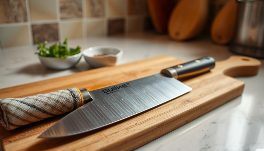 a well-lit kitchen counter, with a chef's knife resting on a wooden cutting board, its blade gleaming under warm, directional lighting. in the background, a few herbs and spices sit in small bowls, hinting at the preparation of a delicious meal. the knife is the focal point, its handle wrapped in a soft, patterned cloth, inviting the viewer to pick it up and feel its weight and balance. the image conveys a sense of care, attention to detail, and the joy of culinary craft.