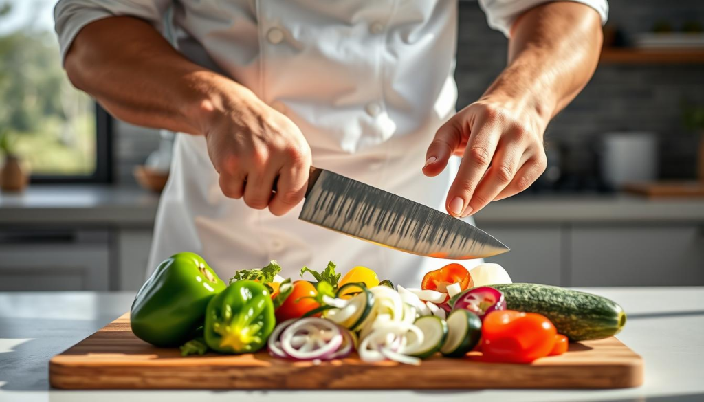 professional chef knife slicing vegetables