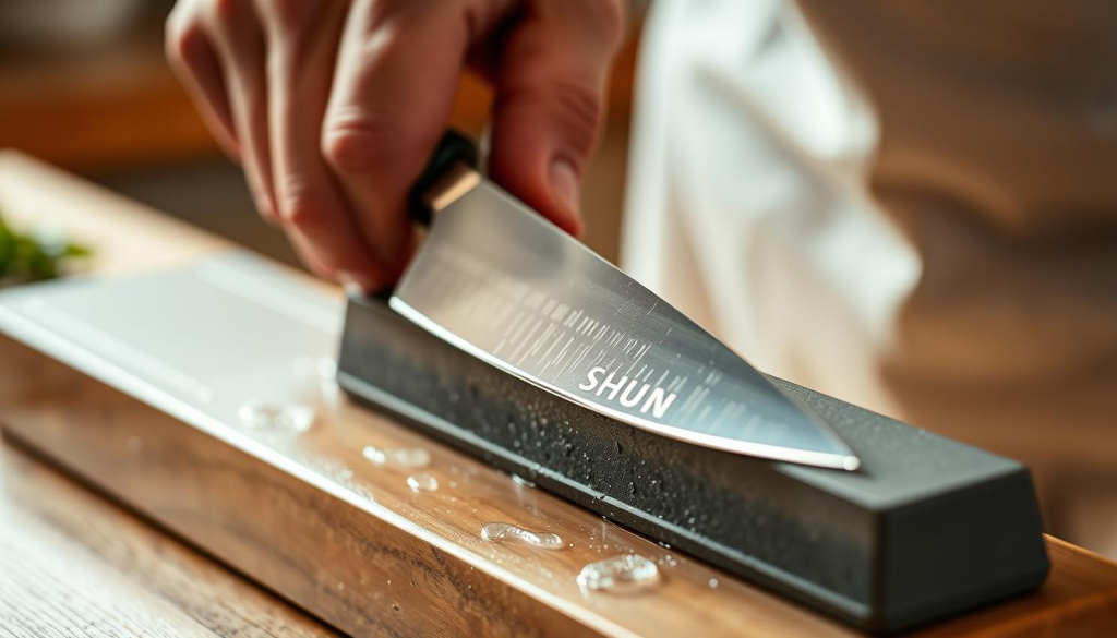 sharpening shun knives with whetstone
