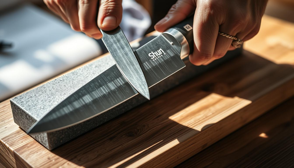 sharpening shun knives with whetstone