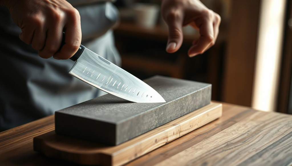 sharpening shun knives with whetstone