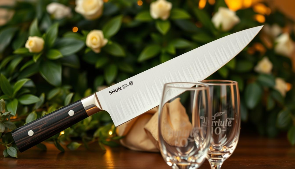 A beautifully arranged still-life showcasing a Shun chef's knife, meticulously crafted with a razor-sharp blade and a sleek, ebony handle. The knife is displayed against a backdrop of lush greenery, accentuated by warm, golden lighting that casts a soft, romantic glow. In the foreground, the knife is accompanied by a pair of elegant, engraved wine glasses, hinting at its potential as a thoughtful gift for weddings, anniversaries, and other special occasions. The overall composition exudes a sense of sophistication and timelessness, perfectly capturing the essence of the Shun knife as a cherished, heirloom-quality present.