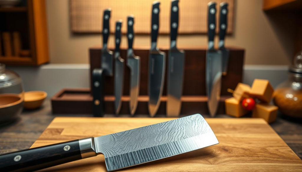 A beautifully arranged still life showcasing an assortment of high-quality culinary knives from the Shun Kagerou collection. In the foreground, a razor-sharp santoku knife with a sleek, ebony handle and a gleaming Damascus-patterned blade sits atop a natural wood cutting board. In the middle ground, a set of Kagerou chef's knives in varying sizes are elegantly displayed, their blades reflecting the warm, indirect lighting from above. In the background, a subtle, blurred backdrop of a traditional Japanese kitchen setting provides a sense of place and craftsmanship. The overall composition and lighting convey a mood of precision, elegance, and the pride of Japanese blade-making.