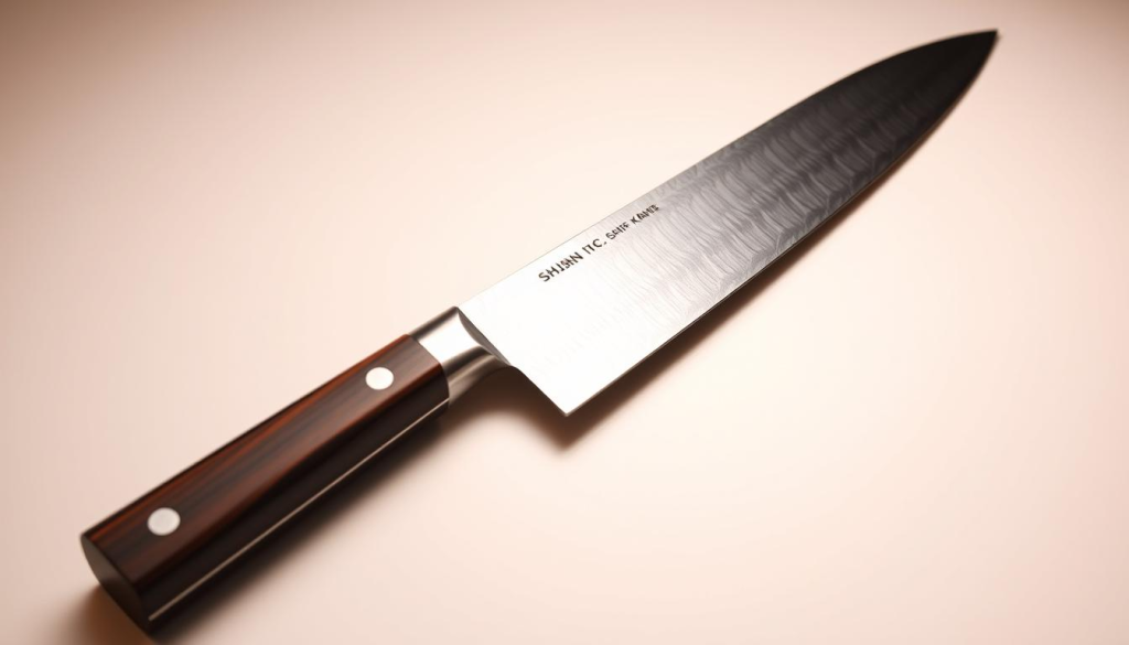 A beautifully crafted Shun Classic 7-inch chef's knife, its sleek, ebony-colored pakkawood handle gleaming under warm studio lighting. The blade, forged from high-carbon VG-MAX steel, catches the light, revealing its razor-sharp edge and stunning Damascus pattern. The knife sits on a minimalist white surface, its form and function accentuated by the simple background. The overall composition exudes a sense of precision, quality, and the promise of exceptional culinary performance.