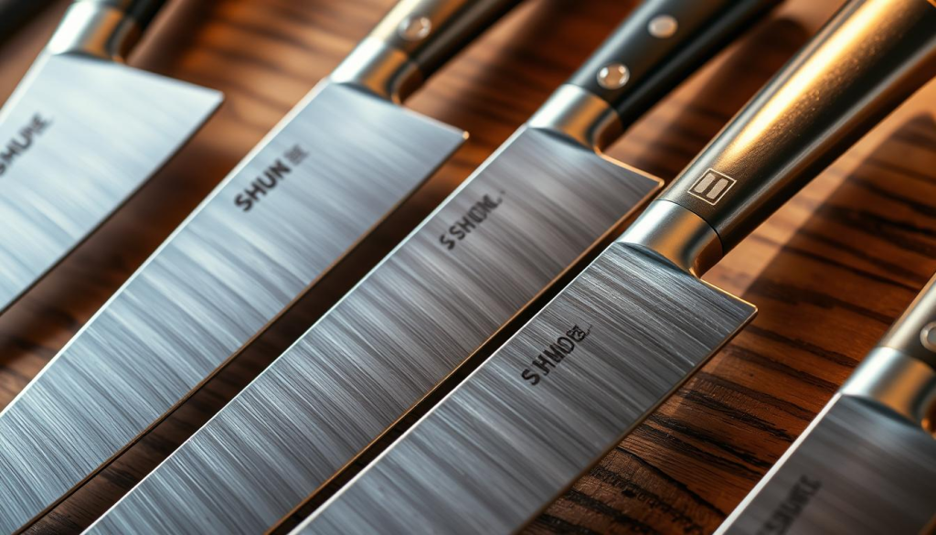 A beautifully crafted set of Shun Japanese knives, gleaming under soft, warm lighting. The razor-sharp blades, made from high-carbon stainless steel, are showcased against a background of rustic wooden textures, hinting at their superior craftsmanship. The knives are arranged in an elegant, eye-catching display, inviting the viewer to imagine their precision and performance in the kitchen. The overall composition exudes a sense of quality, tradition, and the artistry that defines the Shun brand. The image captures the essence of where one might discover these exceptional culinary tools - a premium kitchen store or specialty retailer, celebrating the enduring legacy of Japanese knife-making.