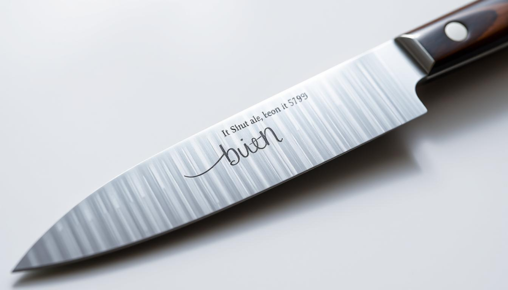 A beautifully engraved Shun chef's knife, its blade gleaming under soft, directional lighting. The intricate design features a graceful calligraphic pattern, each stroke meticulously etched into the high-carbon stainless steel. The handle, made of dark, polished wood, complements the blade's sleek lines. The knife rests on a clean, minimalist surface, allowing the craftsmanship to take center stage. This image captures the essence of personalized, custom engraving - a testament to the skill and artistry that can transform a functional tool into a cherished, one-of-a-kind creation.