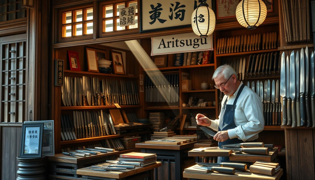 A bustling, traditional Aritsugu cutlery shop in the heart of a historic Japanese town, sunlight streaming through the wooden lattice windows, illuminating the meticulously arranged knives, cleavers, and sharpening stones on the polished display shelves. The skilled shopkeeper, in a crisp apron, carefully selects a hand-forged blade, demonstrating its balance and razor-sharp edge. The air is filled with the rhythmic clang of steel and the scent of freshly sharpened steel, evoking the evolution of knife-making craftsmanship over generations. The shop's timeless exterior, with its weathered wooden facade and hanging lanterns, is a testament to the enduring legacy of Aritsugu's renowned cutlery.