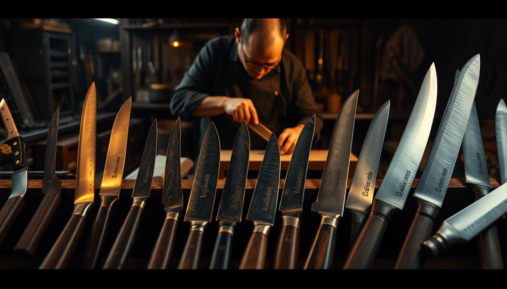 A captivating evolution of knife styles, from ancient daggers to modern chef's blades, showcased in a cinematic tableau. In the foreground, a collection of meticulously crafted knives, their blades gleaming under warm, dramatic lighting, reflecting the craftsmanship and history of their design. In the middle ground, a skilled artisan's hands delicately shaping and sharpening the blades, a testament to the skill and dedication required to forge these timeless tools. The background depicts a dimly lit workshop, filled with the tools of the trade, hinting at the generations of master bladesmiths who have honed their craft over the centuries. The overall scene conveys a sense of reverence and appreciation for the evolution of this essential tool, from its utilitarian origins to its status as a work of art.