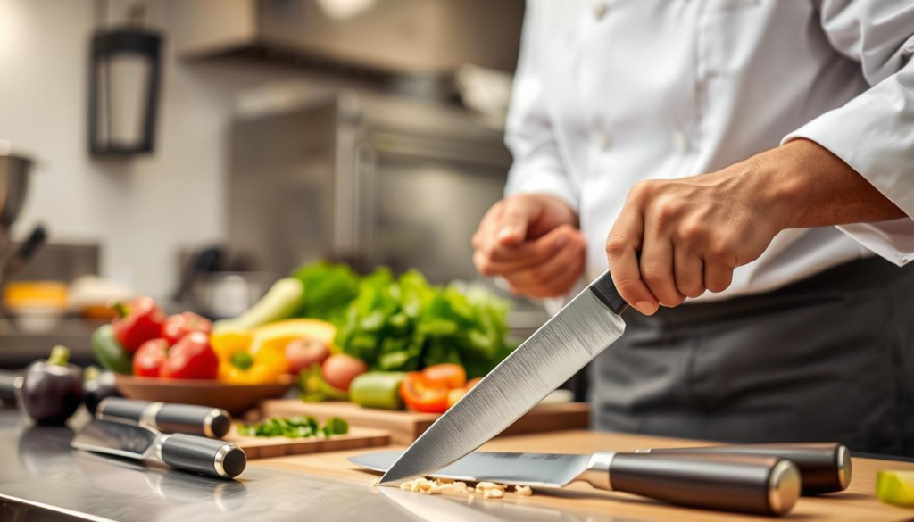 A chef performing a precise, captivating Shun knife demonstration in a well-lit, professional kitchen setting. In the foreground, the chef's hands gracefully handle the razor-sharp Shun blade, slicing through ingredients with effortless precision. In the middle ground, an array of fresh produce and Shun knives of varying sizes are neatly arranged, showcasing the versatility of the brand. The background features a clean, modern kitchen environment with stainless steel appliances, adding a sense of culinary expertise and authority. The overall scene conveys the skill, attention to detail, and elevated experience associated with Shun knives.