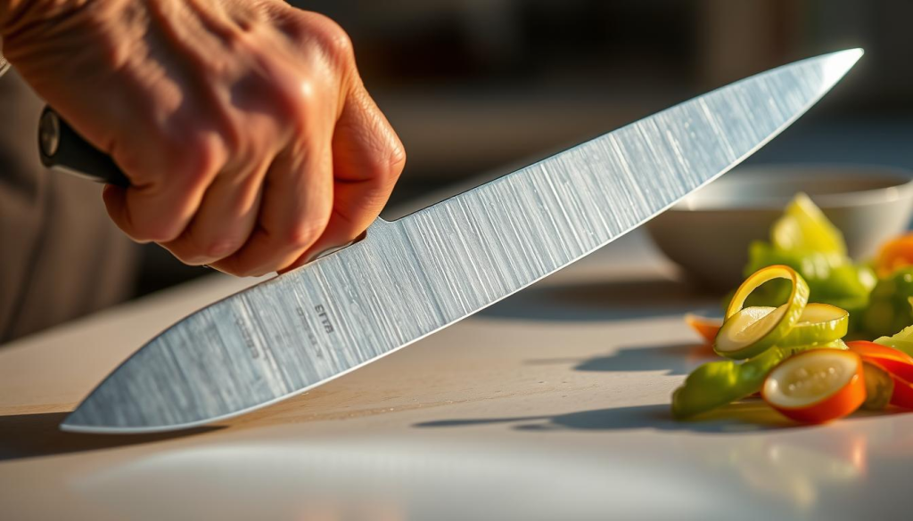 A chef's hand firmly gripping the handle of a Shun Grey Knife, the blade glinting in warm, natural lighting. The knife slices effortlessly through a crisp vegetable, showcasing its razor-sharp precision. The kitchen counter is clean and uncluttered, allowing the knife's performance to take center stage. The scene exudes a sense of mastery and confidence, inviting the viewer to imagine the culinary delights created by this versatile tool.
