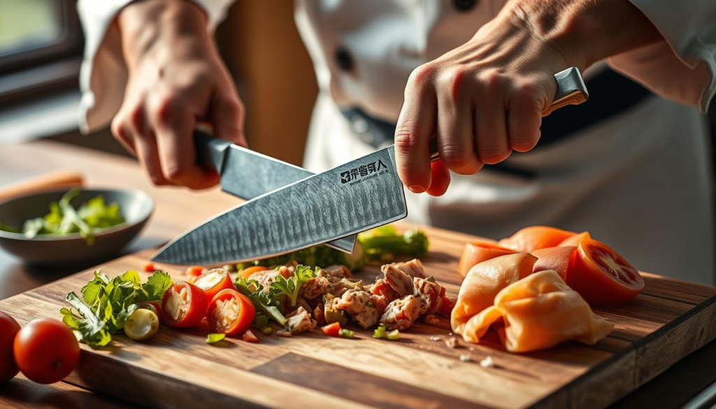 A chef's skilled hands wielding a sharp Aritsugu Bunka knife, expertly slicing and dicing an array of fresh ingredients on a wooden cutting board. Warm, natural lighting casts a soft glow, accentuating the knife's intricate blade and the chef's precise, fluid movements. The scene captures the versatility of this Japanese-style knife, showcasing its ability to effortlessly handle a wide variety of kitchen tasks, from delicate vegetable preparation to fine protein slicing. The composition emphasizes the harmony between the tool and the hands that wield it, conveying the artistry and precision inherent in Japanese culinary traditions.