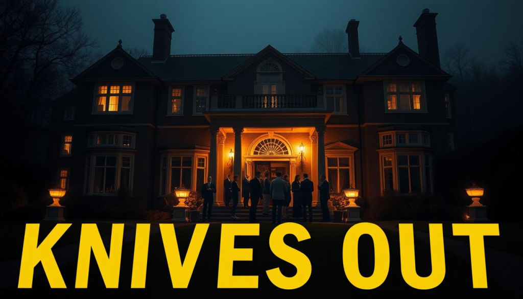 A classic whodunit manor house, adorned with opulent decor, stands in the foreground. Its grand entrance is illuminated by warm, inviting lighting, drawing the viewer's attention. In the middle ground, a group of well-dressed guests congregate, engaged in lively conversation, hinting at the intrigue to come. The background is shrouded in a moody, atmospheric mist, suggesting a sense of mystery and suspense. The overall scene evokes the timeless elegance and intrigue of classic murder mystery stories, providing a stark contrast to the modern, subversive tone of the Knives Out film.