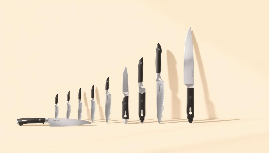 A clean, minimalistic illustration showcasing different sizes of Shun knife guards. The guards are arranged in a neat, organized display against a soft, neutral background. Warm, natural lighting casts gentle shadows, highlighting the intricate details and sleek designs of the guards. The composition emphasizes the variety of sizes available, inviting the viewer to visualize how each option would fit their specific knives. The overall mood is one of simplicity, utility, and high-quality craftsmanship - reflecting the essence of the Shun brand and the practical purpose of these essential knife accessories.