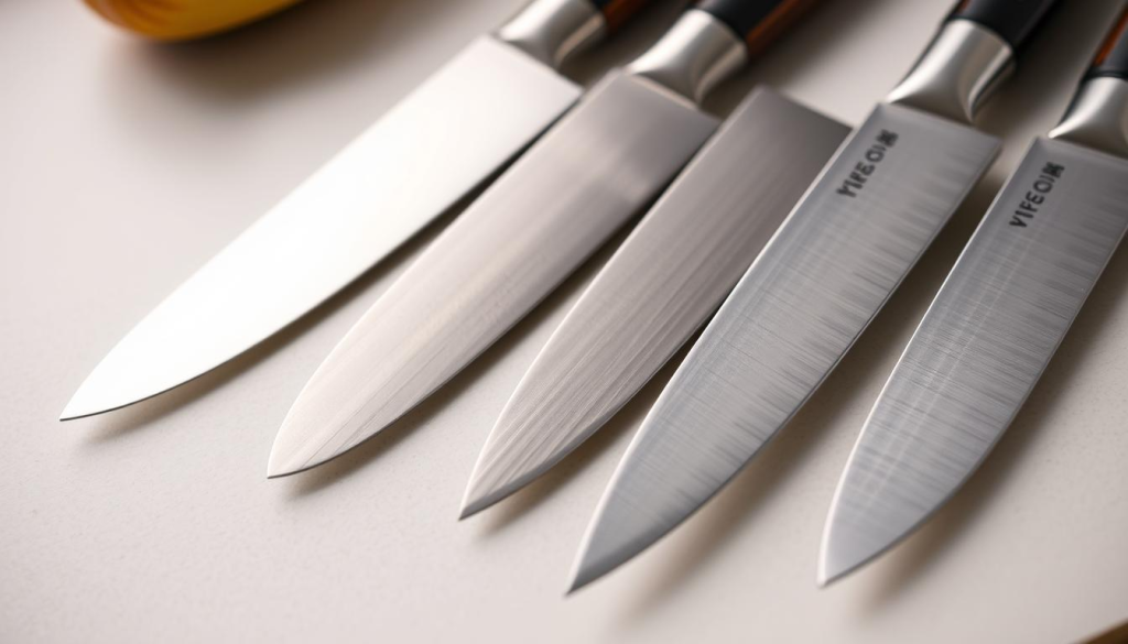 A close-up comparison of several Aritsugu paring knives, showcasing their unique blade shapes, handle styles, and overall craftsmanship. The knives are arranged neatly on a clean, neutral-colored surface, with soft, even lighting that accentuates their sleek and elegant design. The blades glint with a sharp, polished finish, inviting the viewer to appreciate the attention to detail and precision of Aritsugu's traditional Japanese blade-making techniques. The background is subtly blurred, keeping the focus entirely on the knives and their distinguishing features. This image provides a comprehensive visual reference for those seeking to understand the versatility and quality of Aritsugu's paring knife offerings.