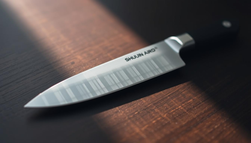 A close-up, detailed photograph of a Shun knife guard resting on a dark, wooden surface. The guard is made of high-quality stainless steel with a sleek, minimalist design. It casts a soft, diffused shadow on the wood, creating depth and dimension. The lighting is natural, with soft, warm tones that highlight the guard's polished finish. The camera angle is slightly elevated, providing a clear, unobstructed view of the guard's form and function. The overall mood is one of precision, elegance, and the importance of properly protecting fine culinary tools.
