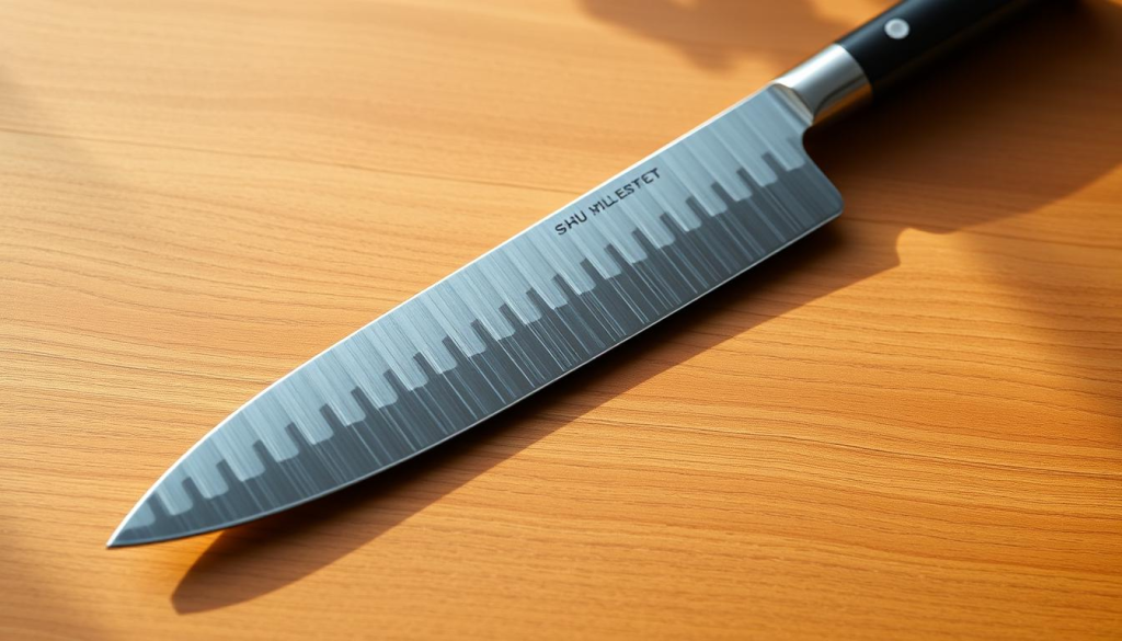 A close-up, high-resolution photograph of a Shun Classic 7-inch Hollow-Ground Santoku knife, meticulously crafted with a razor-sharp, single-bevel Japanese-style blade. The knife is positioned on a sleek, minimalist wooden surface, illuminated by soft, natural lighting. The image emphasizes the knife's elegant design, sharp precision, and suitability for delicate fish preparation tasks. The overall mood is one of refined culinary expertise, showcasing the Shun knife's exceptional quality and performance.