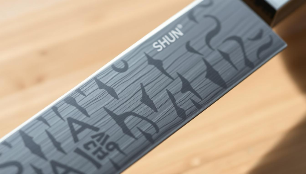 A close-up, highly detailed view of a Shun knife's blade, captured in natural daylight. The blade's surface is finely polished, reflecting the intricate patterns of the Damascus steel. The spine of the blade tapers elegantly, showcasing the razor-sharp edge. The blade's core is visible, a distinct layer of hard high-carbon steel, surrounded by softer, more flexible layers. The blade's contours are emphasized through subtle shadowing, highlighting its sleek, ergonomic design. The composition is centered, with the blade filling the majority of the frame, creating a sense of focus and precision. The overall mood is one of quality craftsmanship and the functional beauty of a well-made, Japanese-style chef's knife.