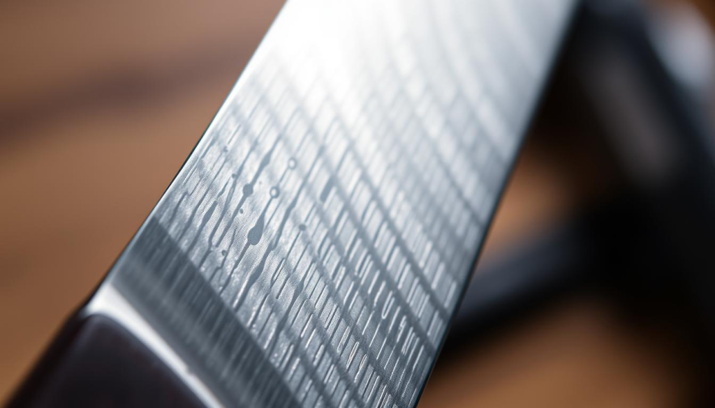 A close-up of a Sakai Takayuki knife, its razor-sharp steel blade gleaming under a soft, directional light. The blade's intricate pattern, a testament to the master craftsman's skill, is sharply in focus, revealing the meticulous layering and tempering that gives the steel its remarkable strength and durability. In the background, a blurred studio setting, hinting at the precision and care that goes into the creation of these exceptional Japanese knives. The overall mood is one of reverence and appreciation for the artistry and technical mastery behind the Sakai Takayuki brand.