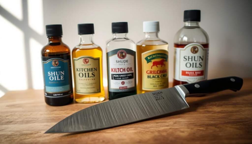 A close-up photograph of several different types of knife oils neatly arranged on a clean, wooden surface. The oils are presented in clear glass bottles, allowing their colors and viscosity to be clearly visible. The bottles are backlit by soft, natural lighting that casts gentle shadows, creating depth and dimension. In the foreground, a high-quality Shun kitchen knife is prominently displayed, its blade glistening and showcasing the superior craftsmanship. The image conveys a sense of precision, care, and attention to detail, inviting the viewer to consider the importance of proper knife maintenance and the role of specialized oils in preserving the performance and longevity of premium cutlery.