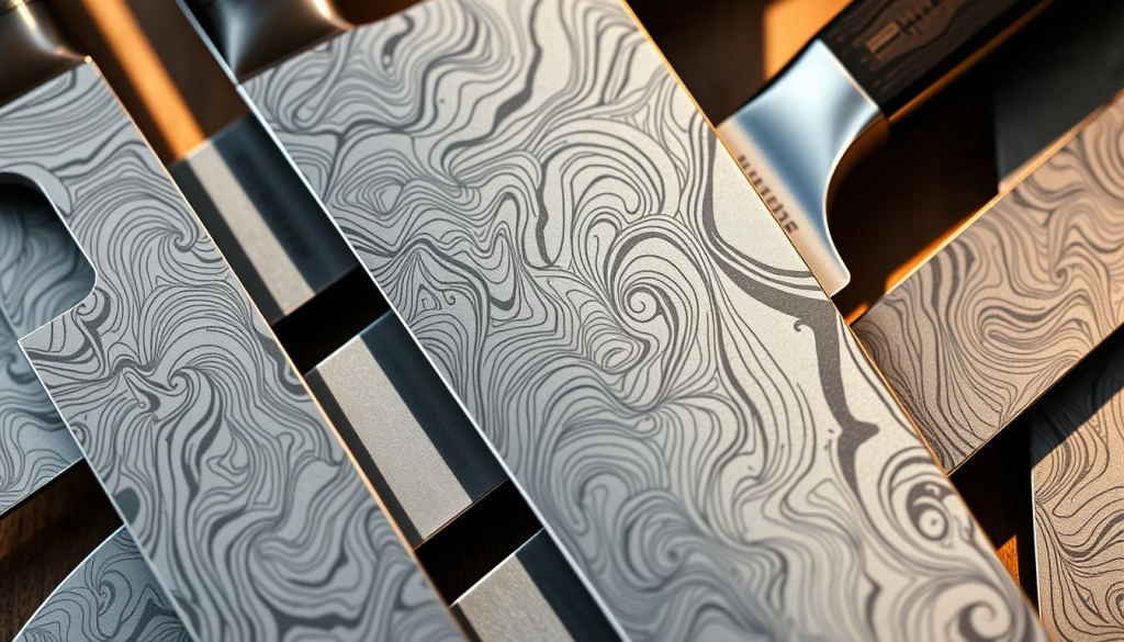 A close-up shot of Shun knives with intricate, swirling Damascus steel patterns. The blades glisten under soft, warm lighting, casting subtle shadows that accentuate the mesmerizing textures. The knives are arranged in a dynamic, eye-catching composition, showcasing the blades' elegant curves and razor-sharp edges. The background is a muted, neutral tone, allowing the captivating Damascus steel patterns to be the focal point. Crisp, high-resolution details reveal the exceptional craftsmanship and attention to detail that defines the Shun brand's premium Japanese knives.